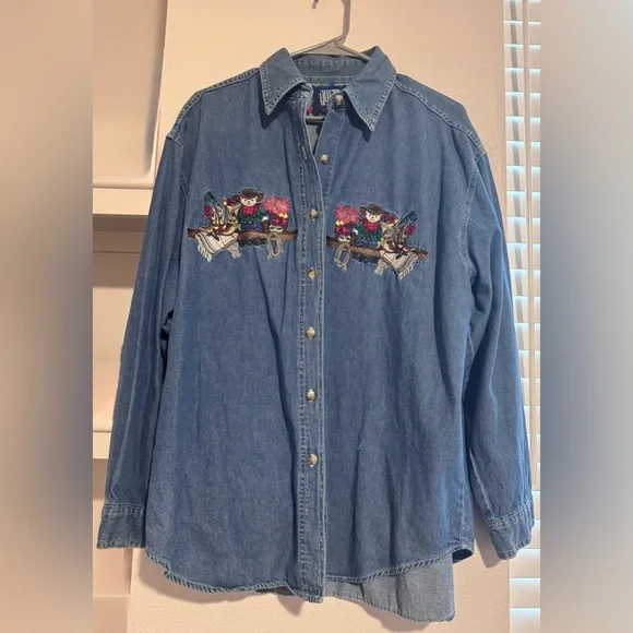 Vintage Embroidered Denim Shirt with Cats and Cowboy Design Size XL - Picture 1 of 4